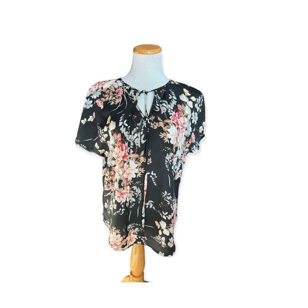 Womens Shein Emery Rose Floral Print Tie Neck Flowy Blouse Top - Sz M